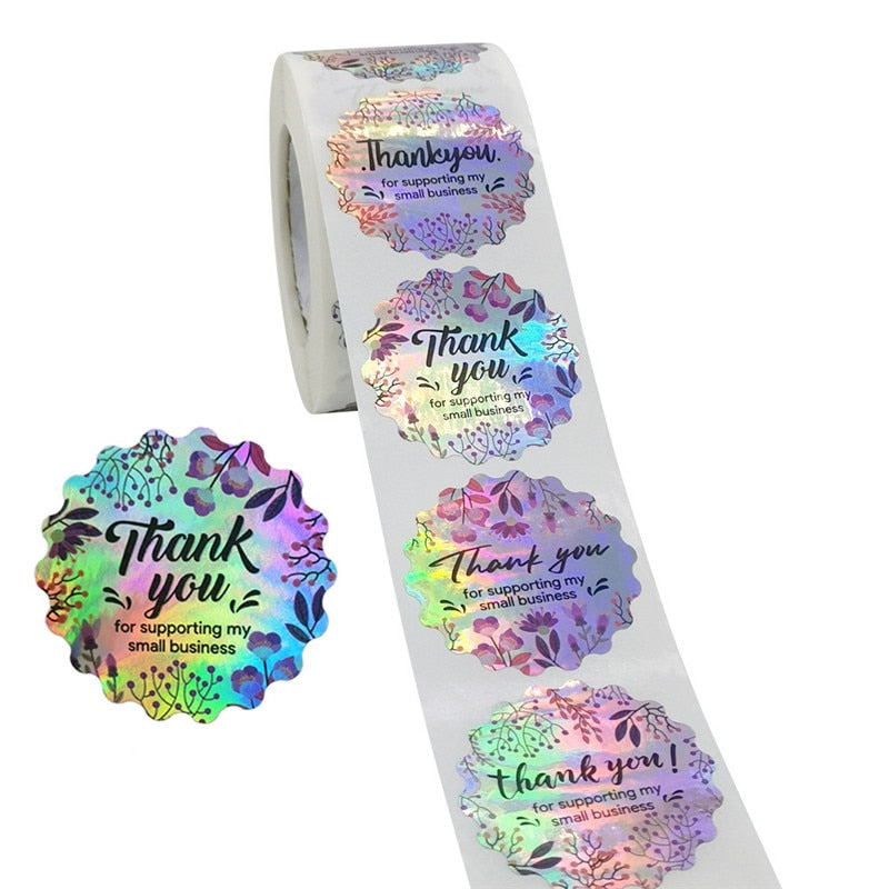 Bling holographic scalloped thank you stickers - 50
