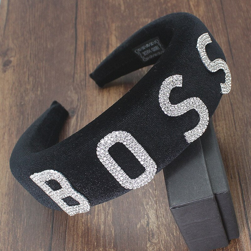 Luxury Queen Boss Boujee Fashion Full Crystal Rhinestone Padded Letter Headband for Women Shiny Filled Headband Accessories