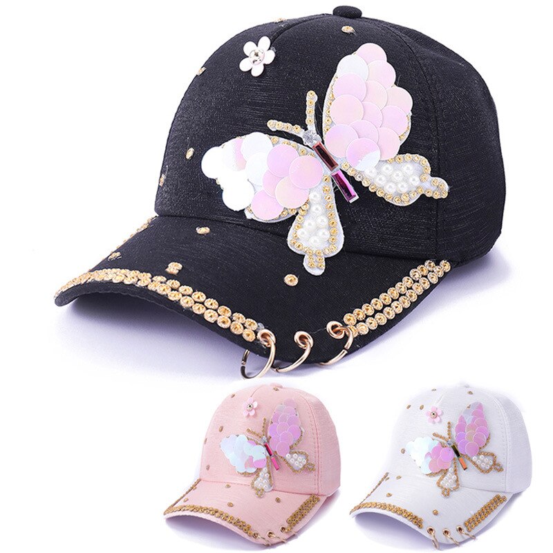 Bling Crystal Butterfly Hat Cotton Shiny Hats