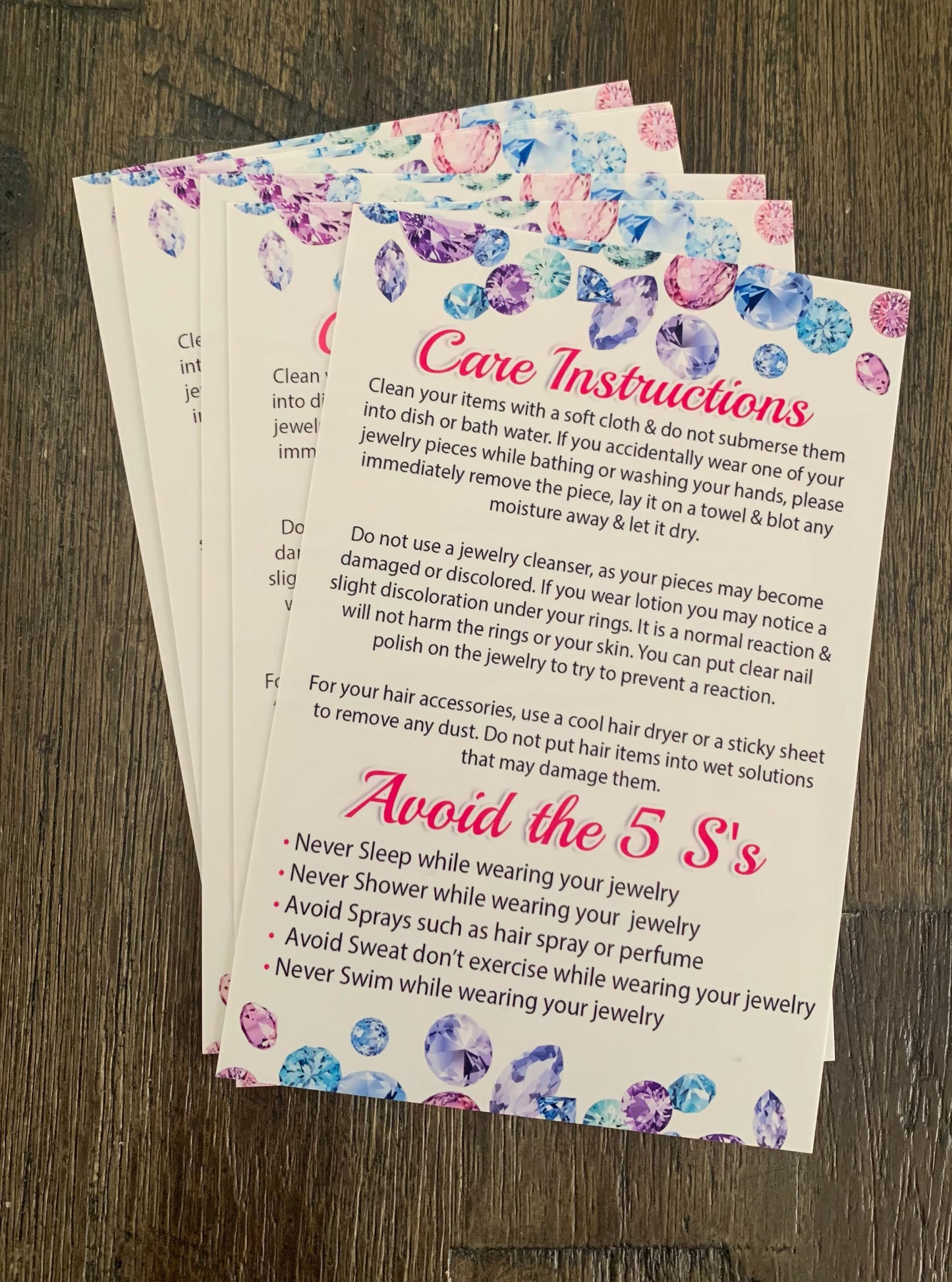 Bling - 4x6 Jewelry Care Cards - JEWELS PACK OF 25