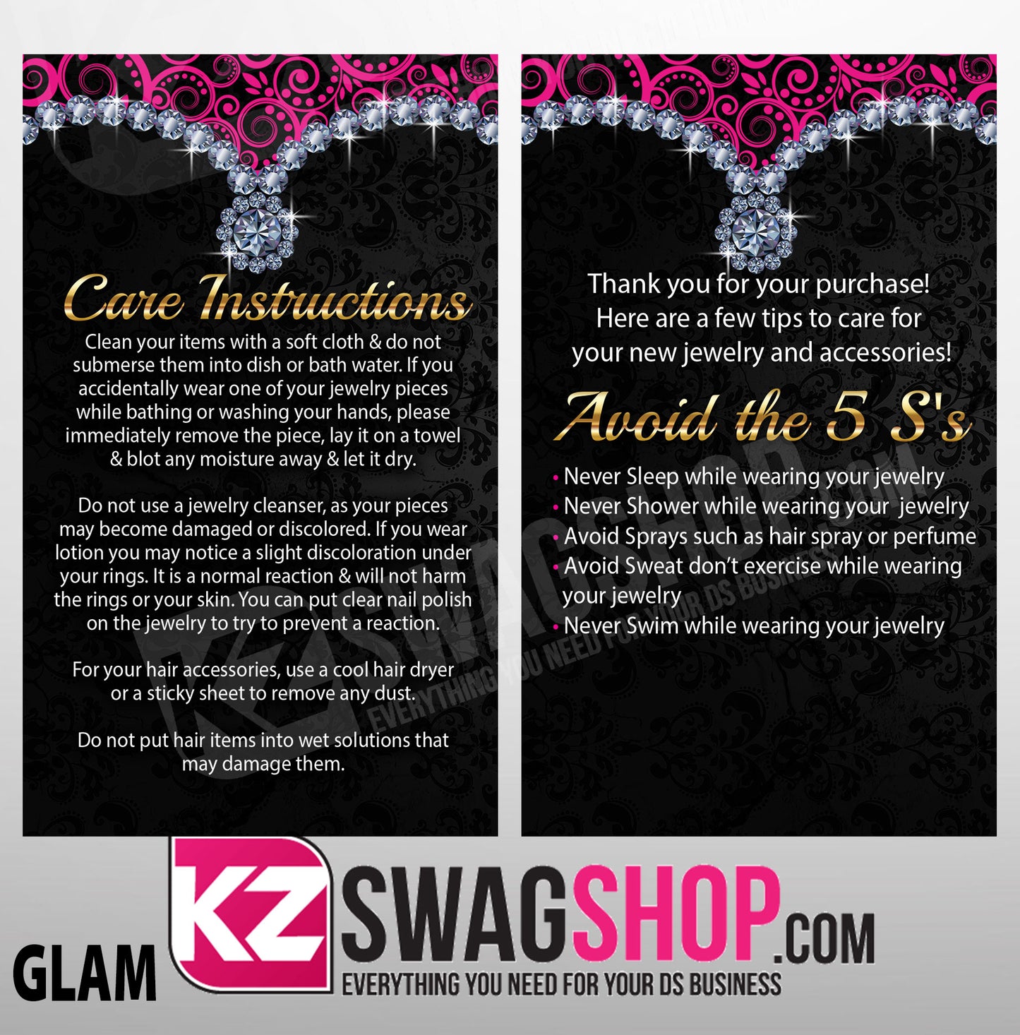 $5 Bling Jewelry Care Card Instructions - ALL DESIGNS - PERSONALIZED