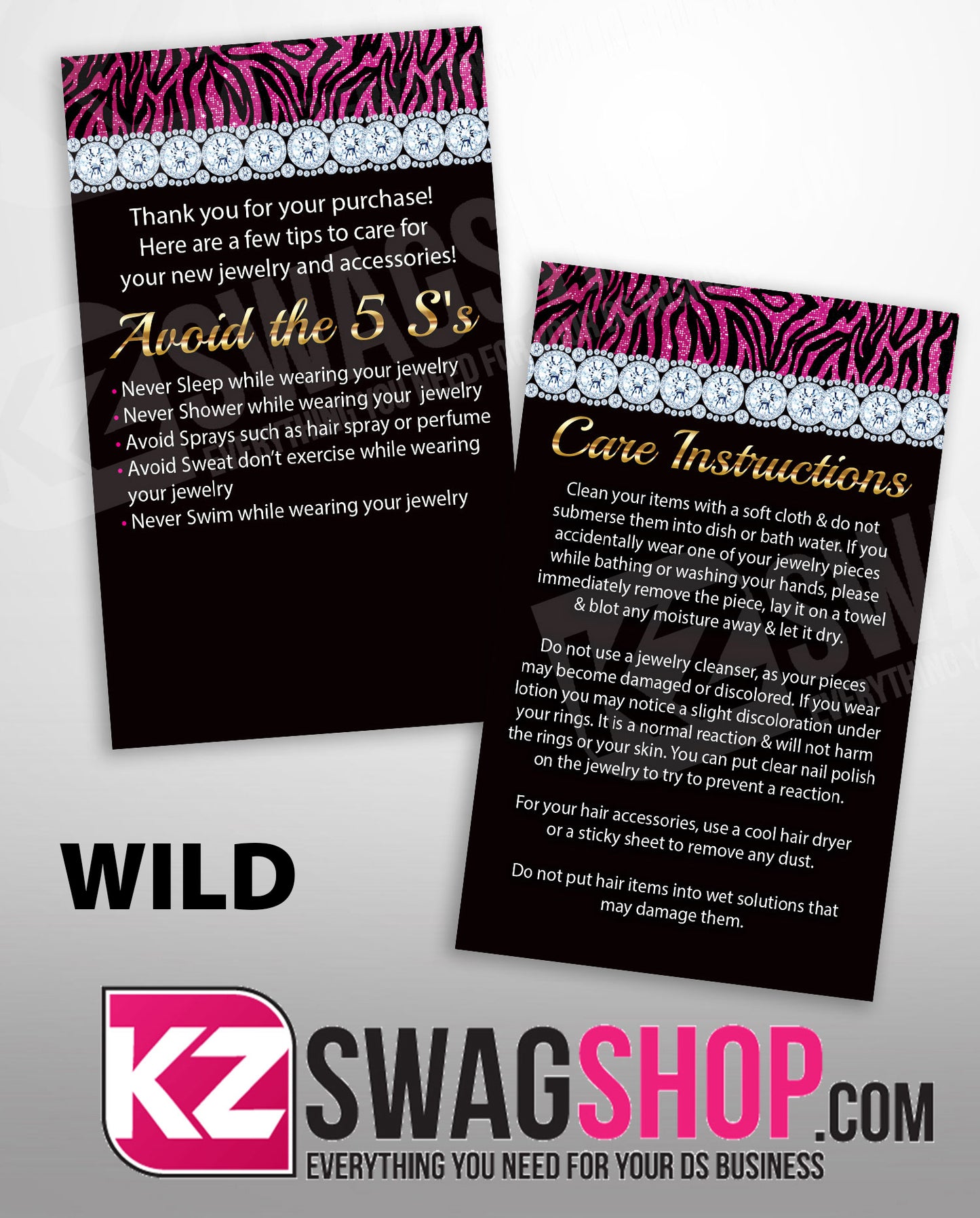 $5 Bling Jewelry Care Card Instructions - ALL DESIGNS - PERSONALIZED